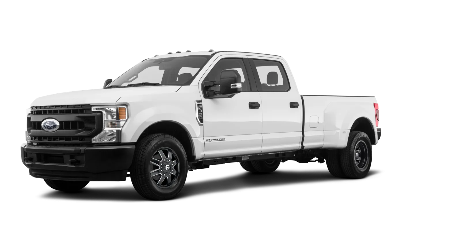 A dually pickup truck with the two wheel images applied, the front face on the front axle and the rear profile on the rear pair